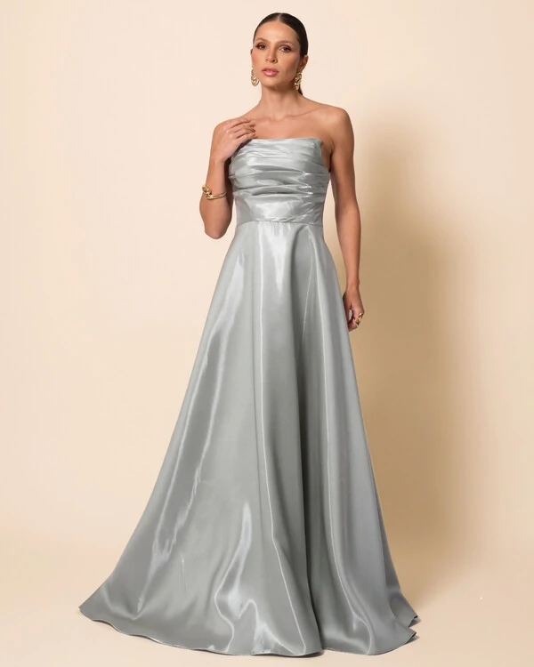 Vestido de Festa Longo Cetim Cristal Tomara que Caia Drapeado Verde Menta