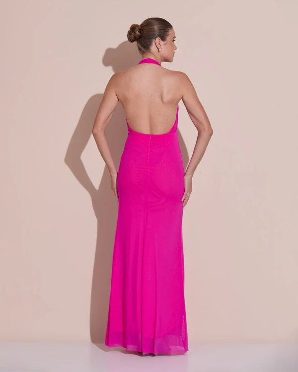 Vestido de Festa Longo Frente Única Decote V Tule Drapeado Faixa Pink New
