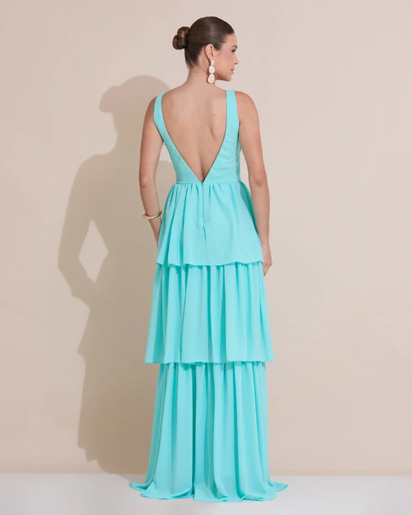 Vestido de Festa Longo Decote V Crepe Chiffon Plissado Camadas Babado Tiffany