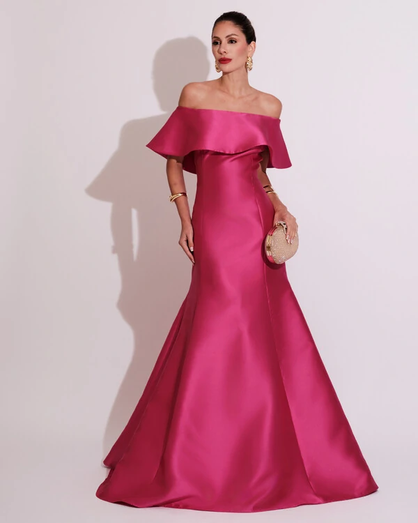 Vestido de Festa Longo Ombro a Ombro Zibeline com Babado Pink