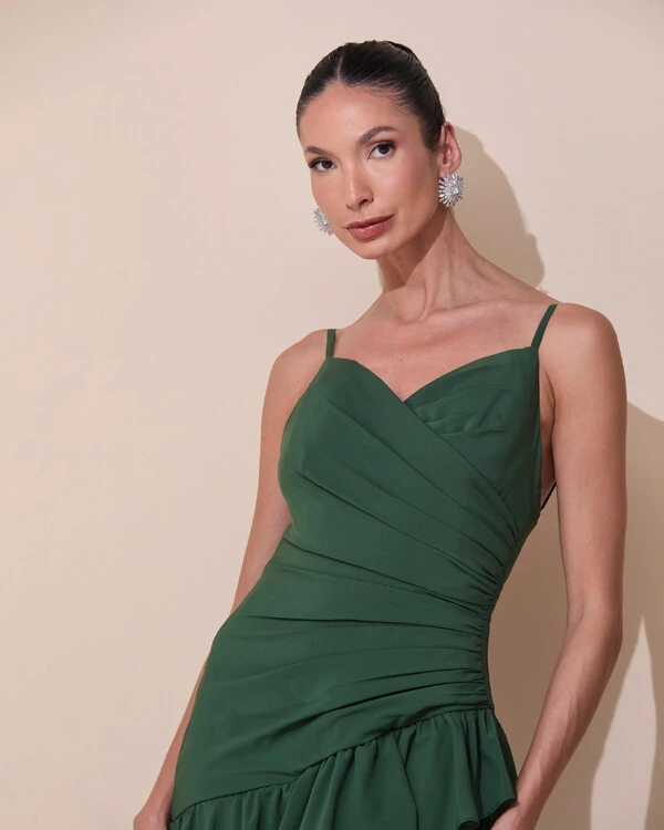 Vestido de Festa Longo Decote Drapeado Crepe Chiffon Fenda Babado Camadas Verde Escuro New