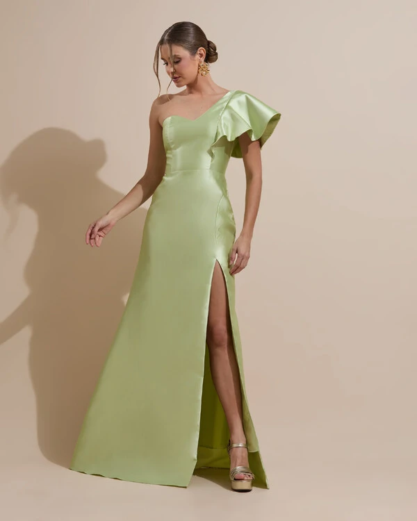 Vestido de Festa Longo um Ombro Tomara que Caia Zibeline Verde Lima New