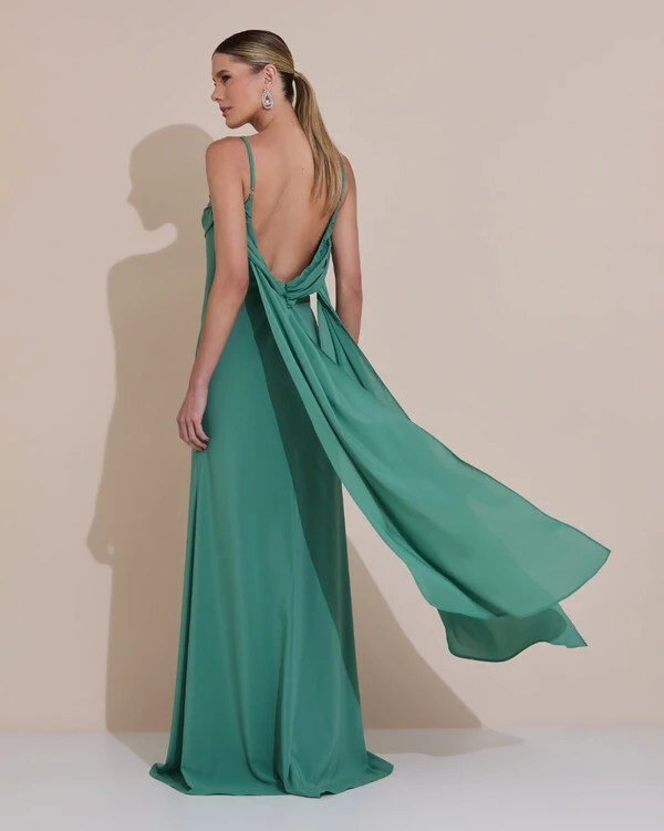Vestido de Festa Longo Crepe Chiffon Costas Lenço Cauda Verde Matcha Escuro