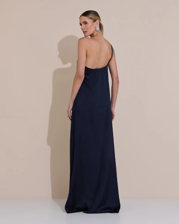 Vestido de Festa Longo em Cetim Fluido um Ombro Só com Lenço Azul Marinho