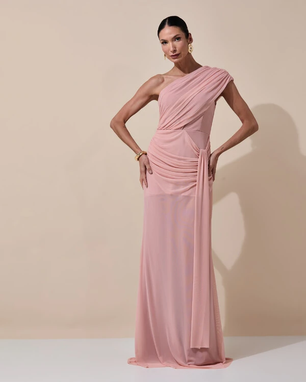 Vestido de Festa Longo Um Ombro Só Tule Drapeado Faixa Rose