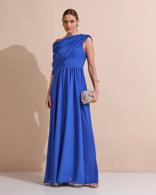 Vestido de Festa Longo Um Ombro Só Crepe Chiffon Capa Drapeado Azul Royal