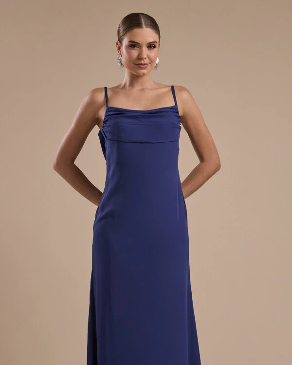 Vestido de Festa Longo Crepe Chiffon Costas Lenço Cauda Azul Marinho