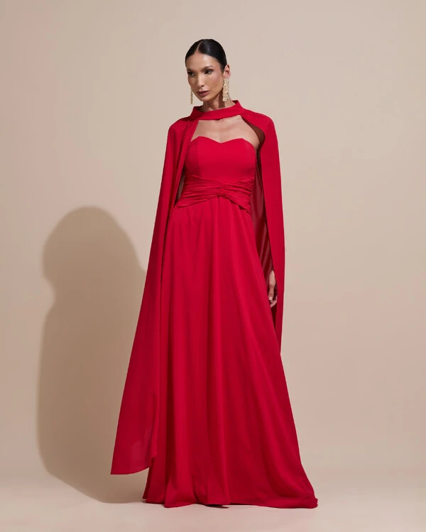 Vestido de Festa Longo Tomara Que Caia Crepe Chiffon Drapeado Capa Vermelho