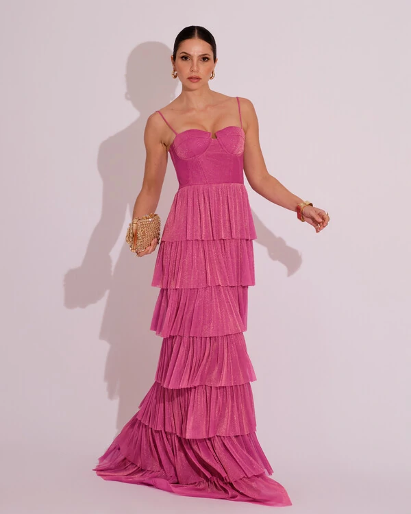Vestido Longo de Festa Longo Tule Glitter com Camadas Pink
