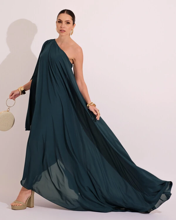 Vestido de Festa um Ombro com Capa Crepe Fluido Verde Escuro