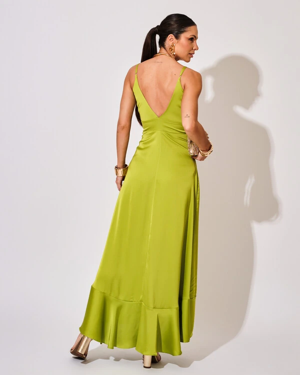 Vestido Midi Babado Acetinado Verde Lima