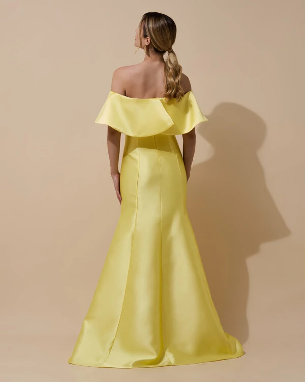 Vestido de Festa Longo Zibeline Ombro a Ombro com Babado Amarelo Manteiga