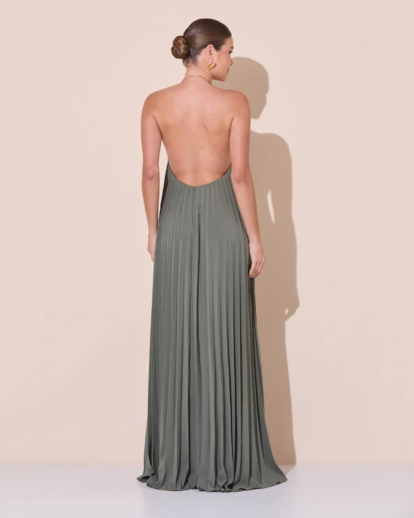 Vestido de Festa Longo Frente Única Plissado Crepe Chiffon Argola Verde Oliva