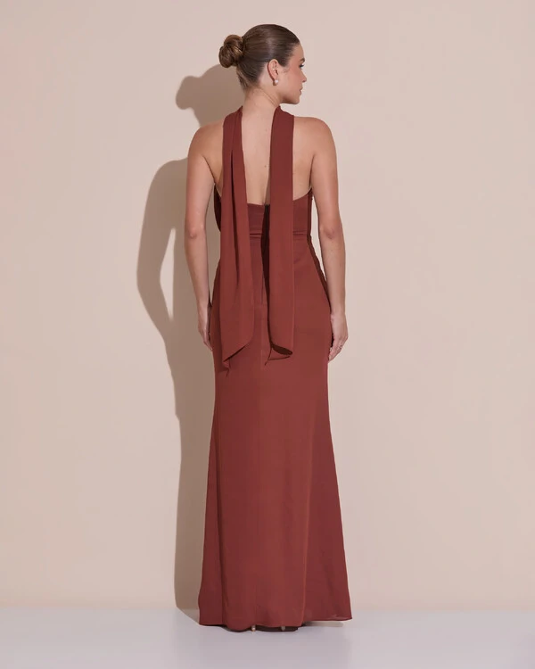Vestido de Festa Longo Tomara Que Caia Crepe Chiffon Plissado Lenço Marrom New