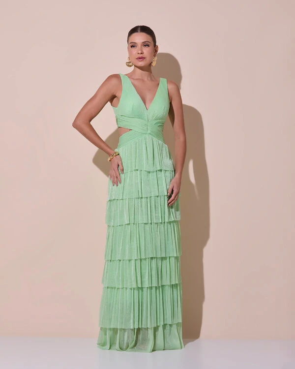 Vestido De Festa Longo Decote V Tule Brilho Recortes Camadas Verde Lima