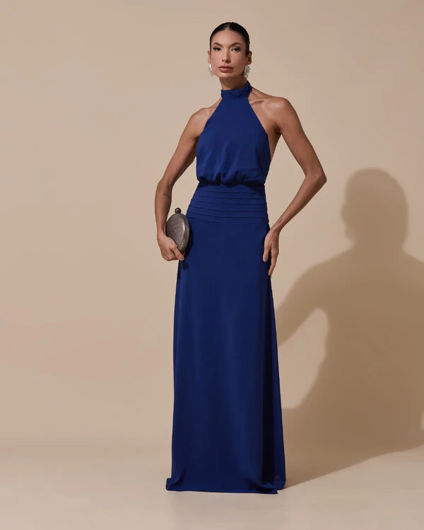 Vestido de Festa Longo Frente Única Busto Blousê Crepe Chiffon Drapeado Azul Marinho