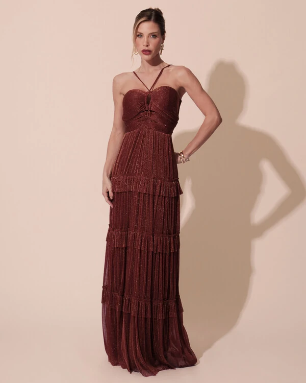 Vestido de Festa Longo Tule com Saia Babado Marsala