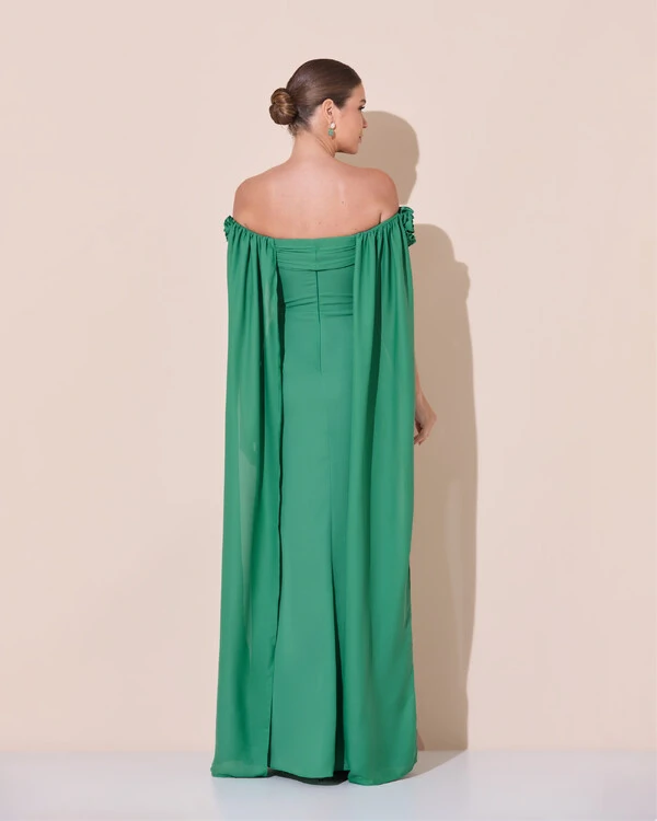 Vestido de Festa Longo Ombro a Ombro Plissado Crepe Chiffon Capa Flor 3D Verde Matcha Escuro