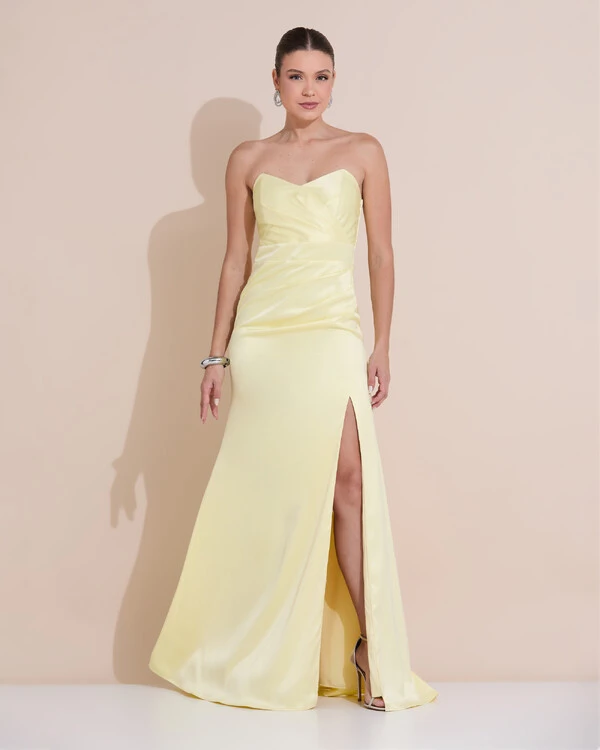 Vestido de Festa Longo Cetim Alfaiataria Tomara que Caia Fenda Amarelo Manteiga