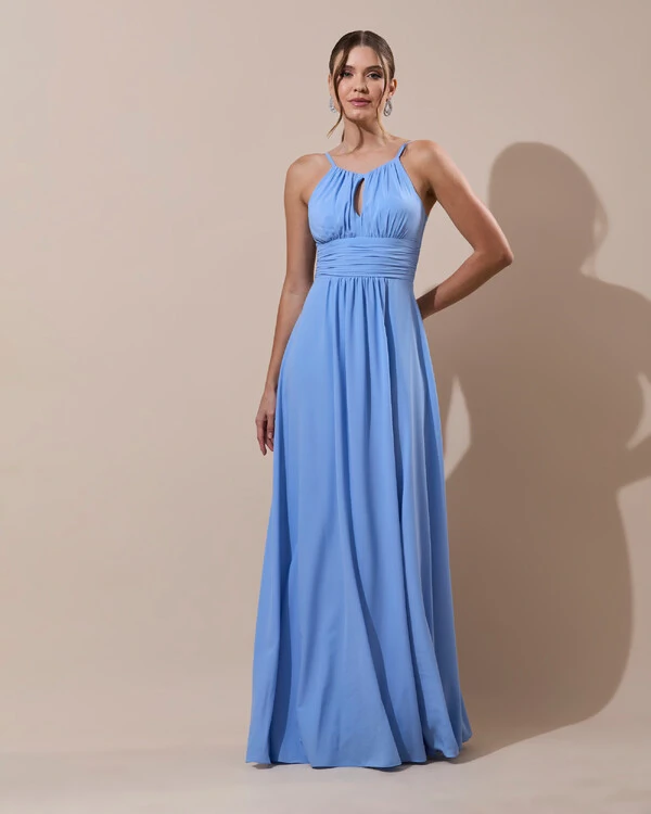 Vestido de Festa Longo Crepe Chiffon Drapeado com Alças e Saia Fluida Azul Serenity