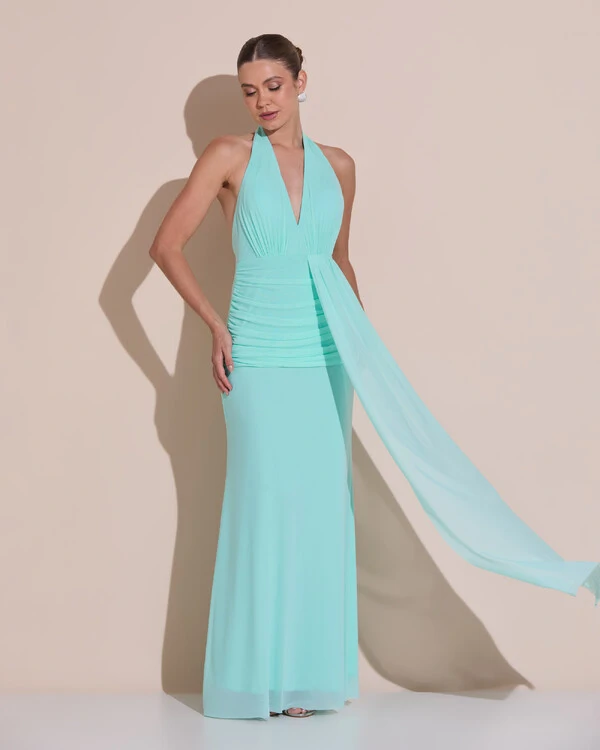 Vestido de Festa Longo Frente Única Decote V Tule Drapeado Faixa Tiffany