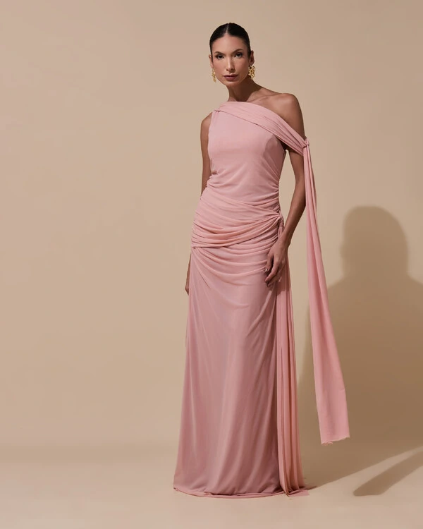 Vestido de Festa Longo Um Ombro Só Tule Faixa Drapeada Lenço Rose
