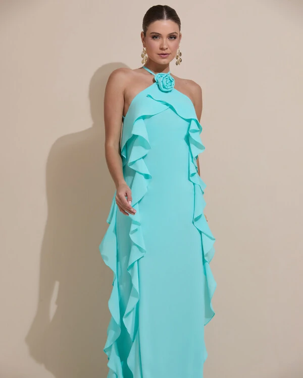 Vestido de Festa Longo Crepe Chiffon Frente Única Babados Cascata e Flor Tiffany