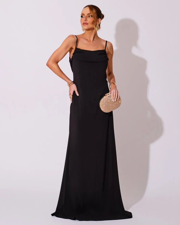 Vestido de Festa Longo Crepe Chiffon Costas Lenço Cauda Preto