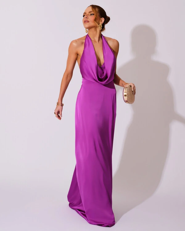 Vestido de Festa Longo Frente Única Degagê Cetim Fluido Fúcsia