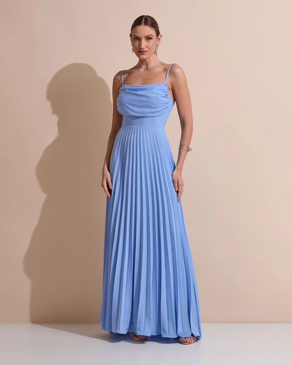 Vestido de Festa Longo Crepe Chiffon Plissado Trançado e Lenço Azul Atlantis