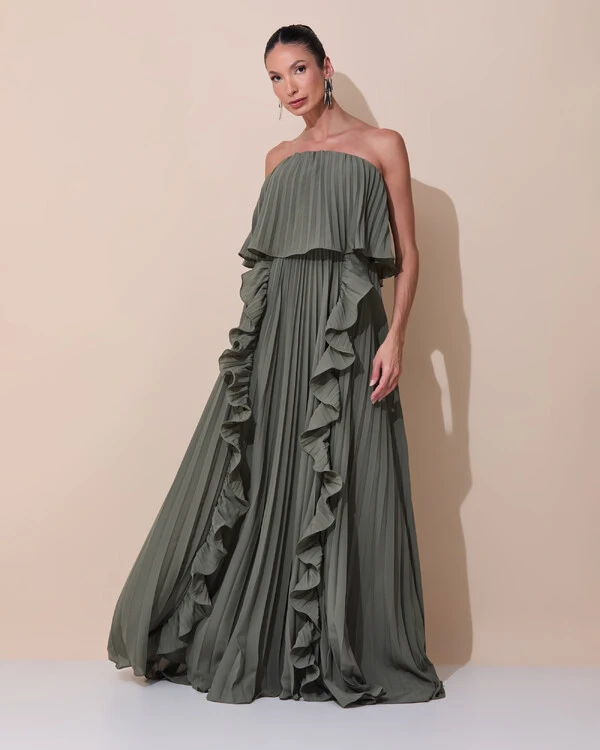 Vestido de Festa Longo Crepe Chiffon Tomara que Caia Plissado com Babado Cascata Verde Oliva