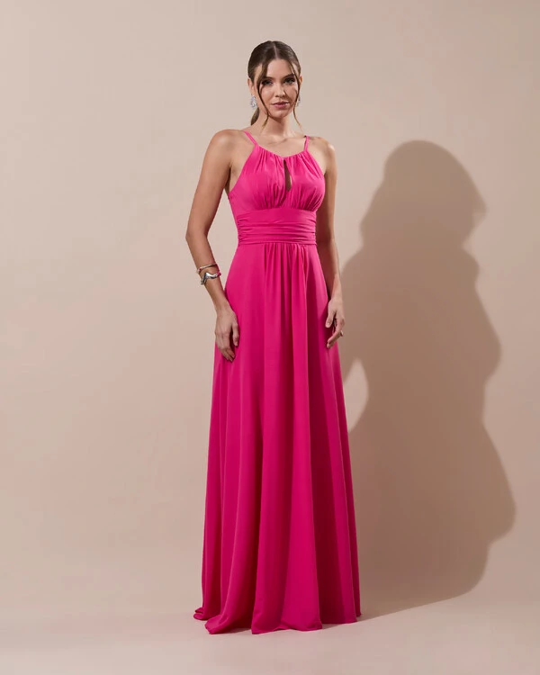 Vestido de Festa Longo Crepe Chiffon Drapeado com Alças e Saia Fluida Pink New