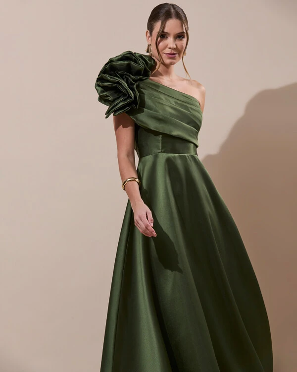 Vestido de Festa Longo Zibeline um Ombro Só Flor Drapeado Verde Oliva New