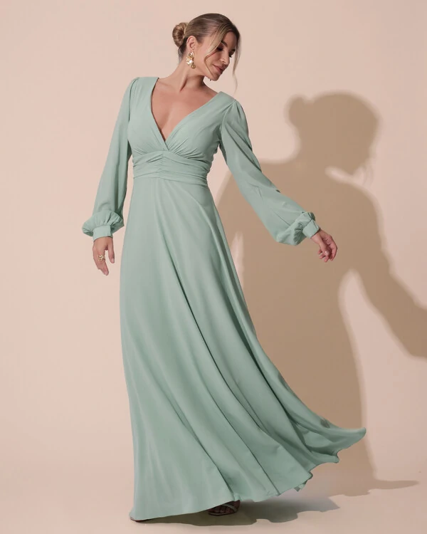 Vestido de Festa Manga Longa com Cintura Drapeada Decote Verde Menta
