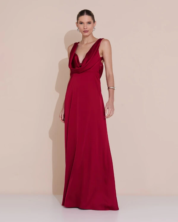 Vestido de Festa Longo Cetim Fluido Degagê Marsala