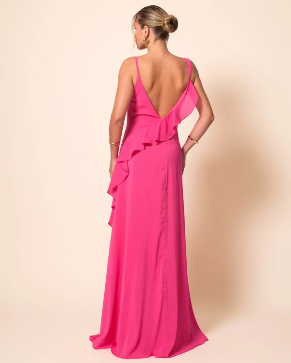 Vestido de Festa Longo Crepe Chiffon Degagê com Fenda e Babado Cascata Pink New