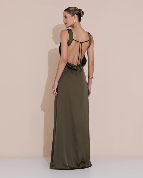 Vestido de Festa Longo Cetim Fluido Degagê Verde Oliva