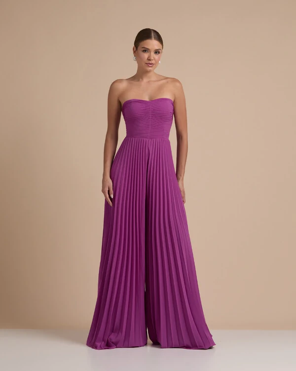 Macacão de Festa Longo Crepe Chiffon Tomara que Caia Plissado com Lenço Fúcsia