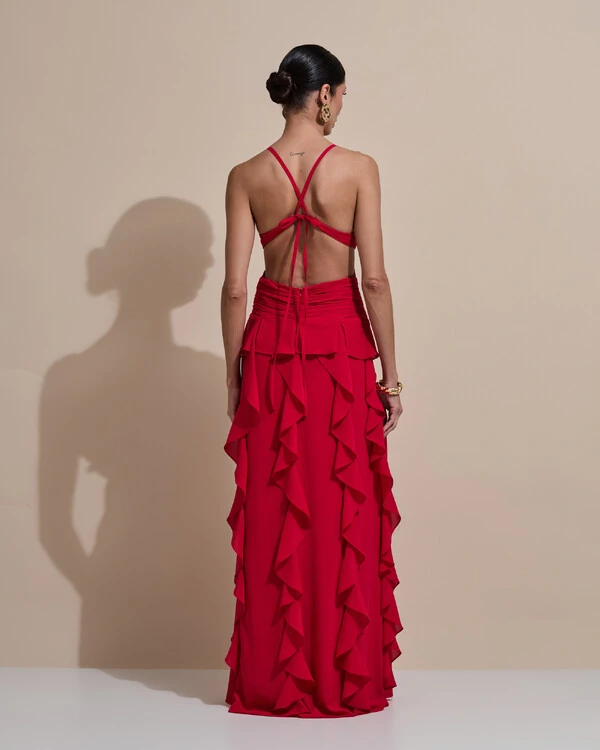 Vestido de Festa Longo Decote V Recortes Drapeado Crepe Chiffon Babados Cascata Vermelho