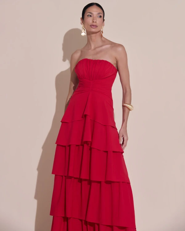 Vestido de Festa Longo Tomara que Caia Drapeado Crepe Chiffon Babados Camadas Vermelho