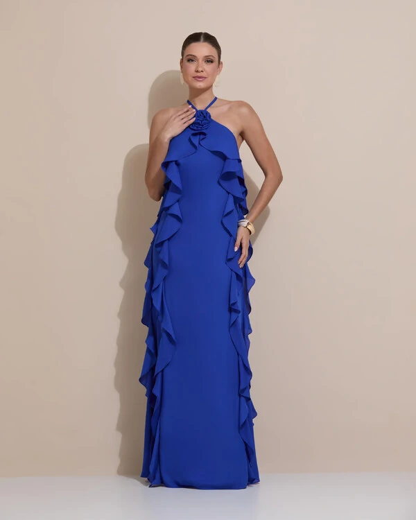 Vestido de Festa Longo Crepe Chiffon Frente Única Babados Cascata e Flor Azul Royal
