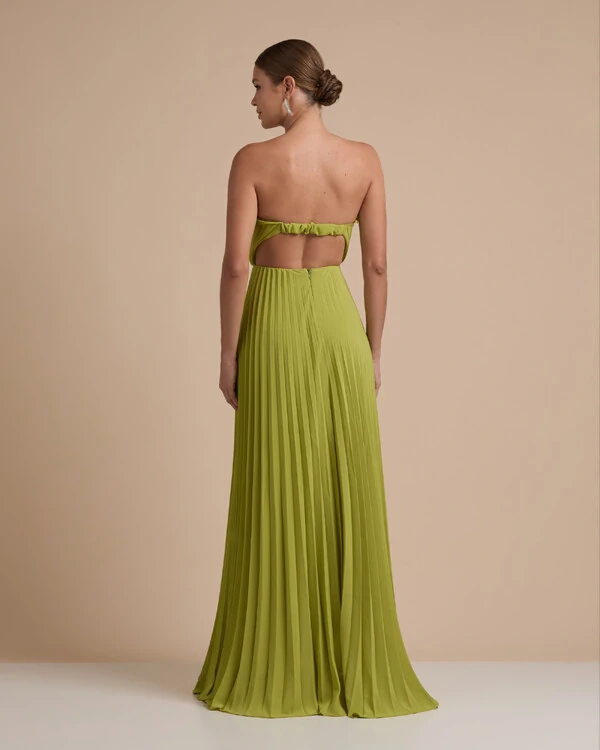 Vestido de Festa Longo Tomara que Caia Plissado Detalhe Verde Pistache