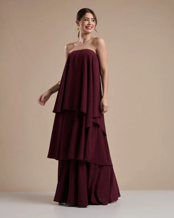 Vestido de Festa Longo Chiffon Crepe em Camadas com Lenço Marsala