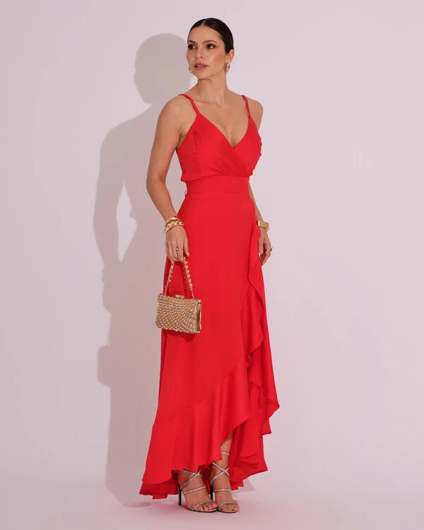 Vestido Midi Babado Acetinado Vermelho