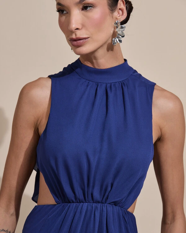 Vestido de Festa Longo Gola Alta Crepe Chiffon Recortes Babados Cascata Azul Marinho