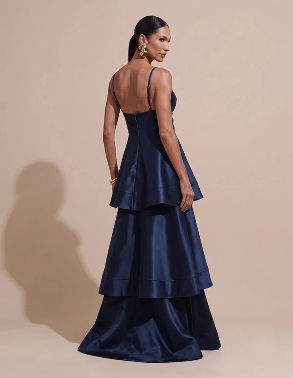 Vestido de Festa Longo Zibeline em Camadas Decote em V com Alças Azul Marinho