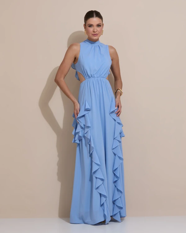 Vestido de Festa Longo Gola Alta Crepe Chiffon Recortes Babados Cascata Azul Atlantis