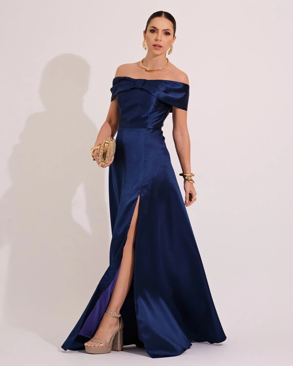 Vestido de Festa Longo Ombro a Ombro Laço Zibeline com Fenda Azul Marinho