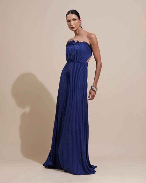 Vestido de Festa Longo Tomara que Caia Plissado Detalhe Azul Marinho