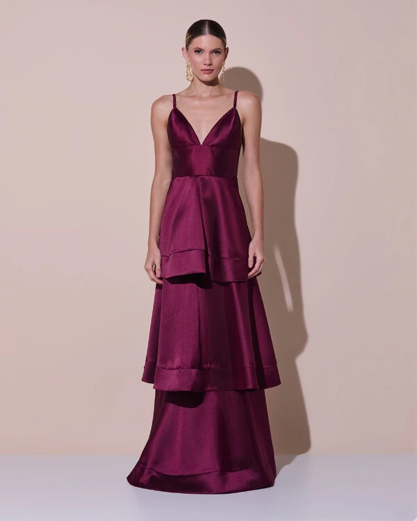 Vestido de Festa Longo Zibeline em Camadas Decote em V com Alças Marsala Escuro New